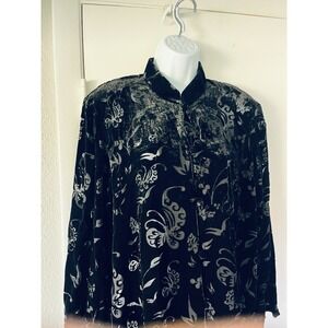 Black Velvet Burnout Tunic Top XXL Floral Butterfly Long Sleeve Mandarin Collar